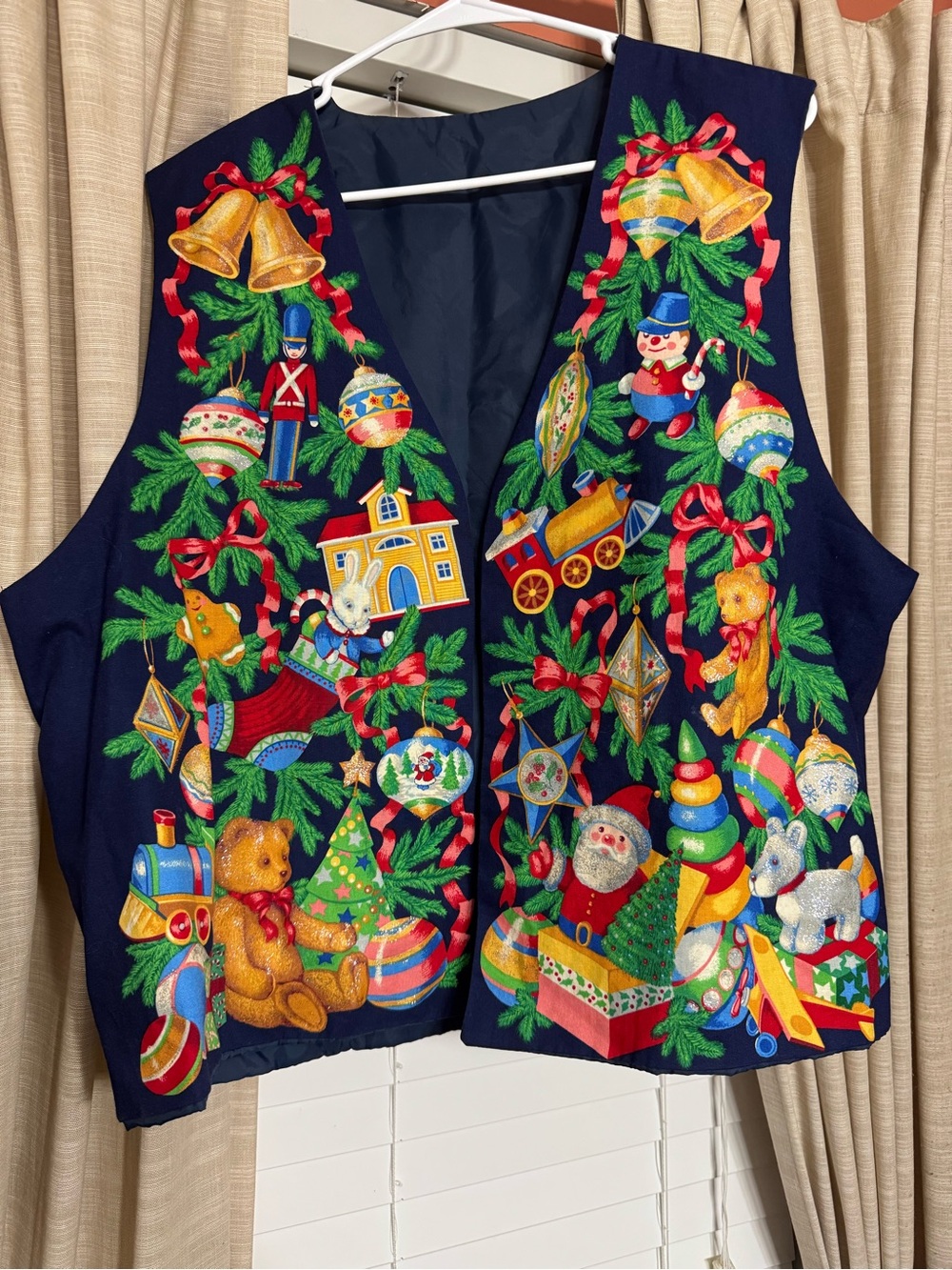 Hand Crafted Navy Blue Festive Toy Print Holiday Vest